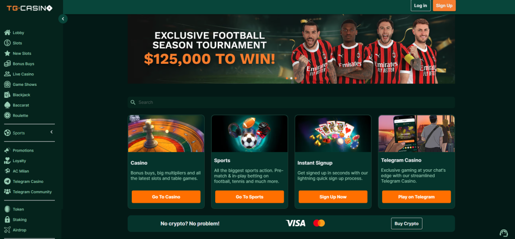 A colorful and engaging homepage of TG Casino, showcasing various slot games with eye-catching icons and a navigation menu for different gaming options. tg casino screenshot